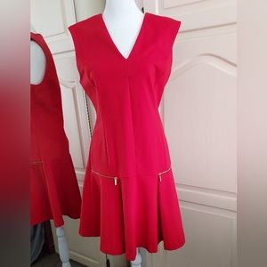 Michael Kors Sz 8  Red Dress Sleeveless Zipper Back Faux Pockets
